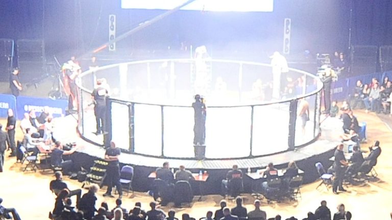 Circular mixed martial arts cage before an event
