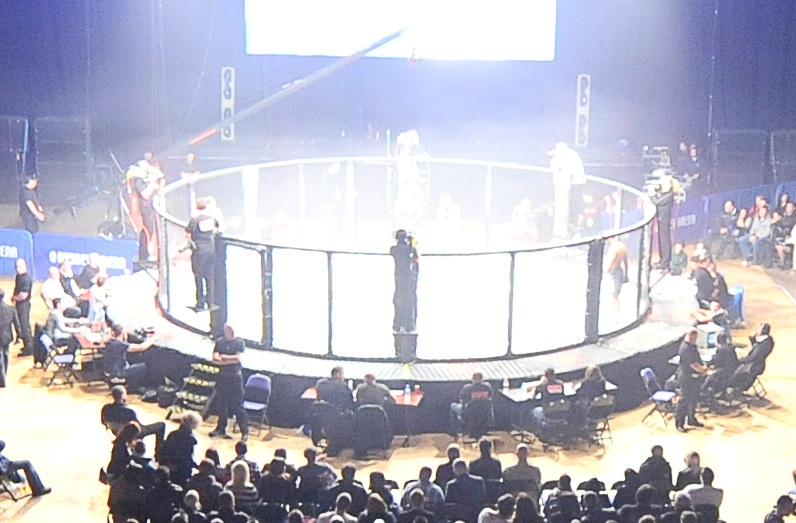 Circular mixed martial arts cage before an event