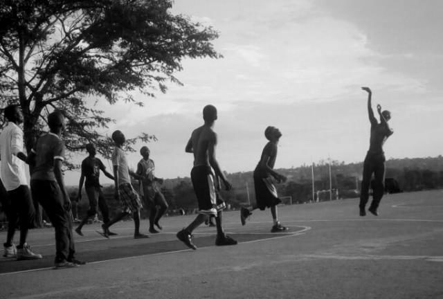 Kenyan college basketball players during a team training session