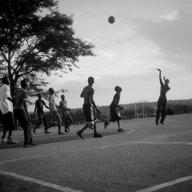 Kenyan college basketball players during a team training session