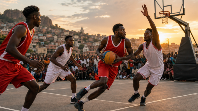 Three-on-three basketball game on an outdoor court in Antananarivo