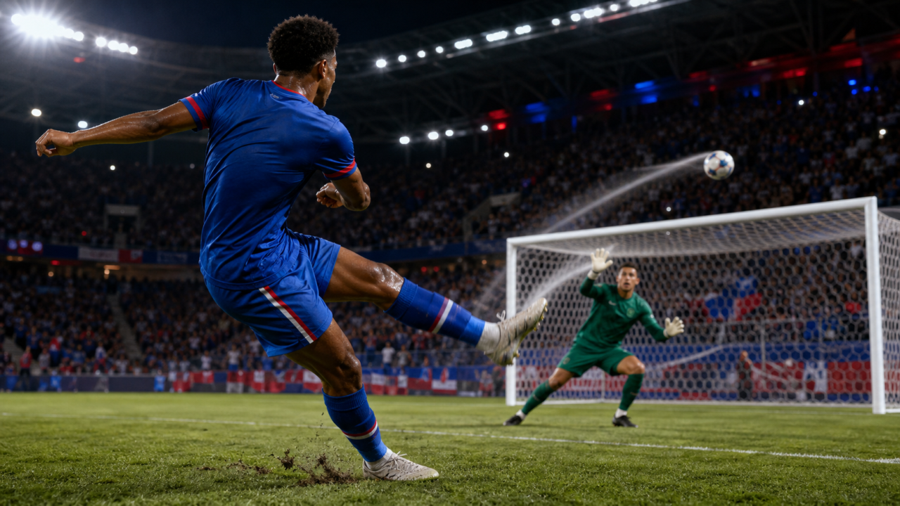 Cabo Verde footballer curls a shot toward the top corner