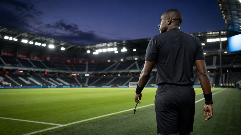 An anonymous football referee walking onto a floodlit stadium pitch