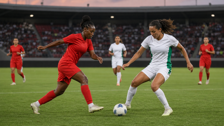 Morocco and Algeria women footballers compete for the ball