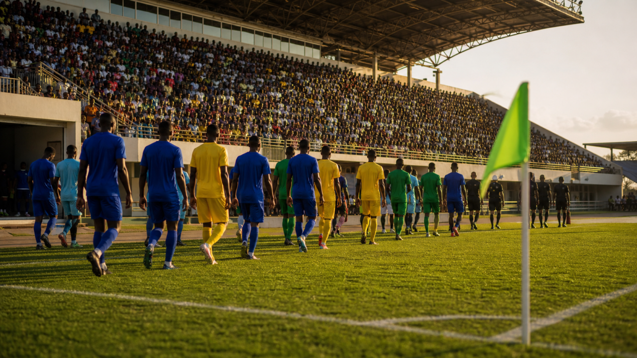 Football teams walk onto a Tanzanian stadium pitch for the new season