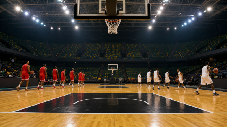 Two groups of basketball players warming up inside a modern African arena