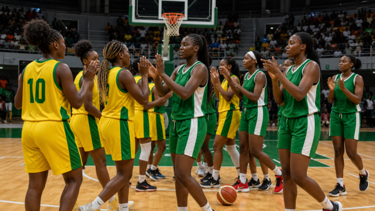 Mali and Nigeria youth women’s basketball players applaud after a game