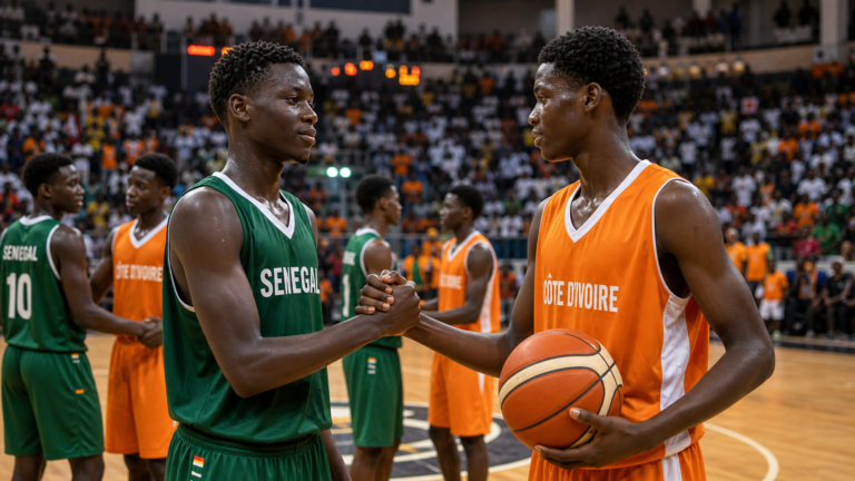 Senegal and Côte d’Ivoire youth basketball players shake hands after a game