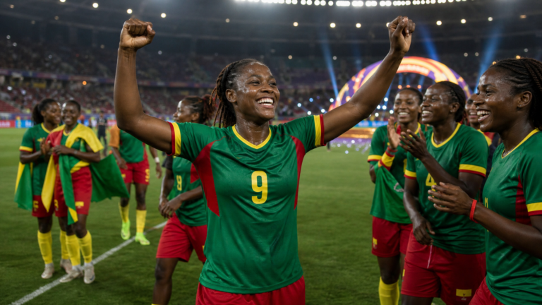 Cameroon women footballers celebrate after the 2026 WAFCON final
