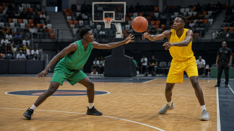 Mali and Senegal youth basketball players contest a pass