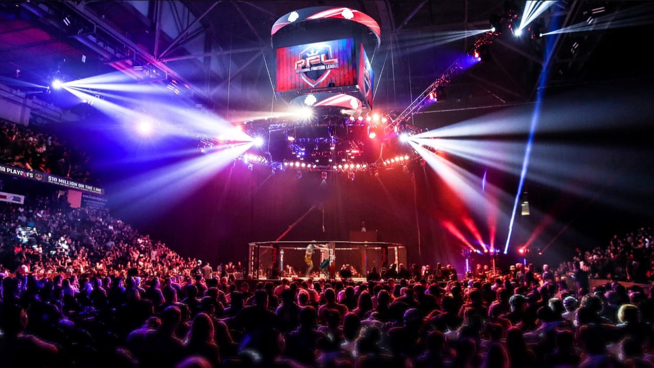 Professional Fighters League event inside a packed MMA arena