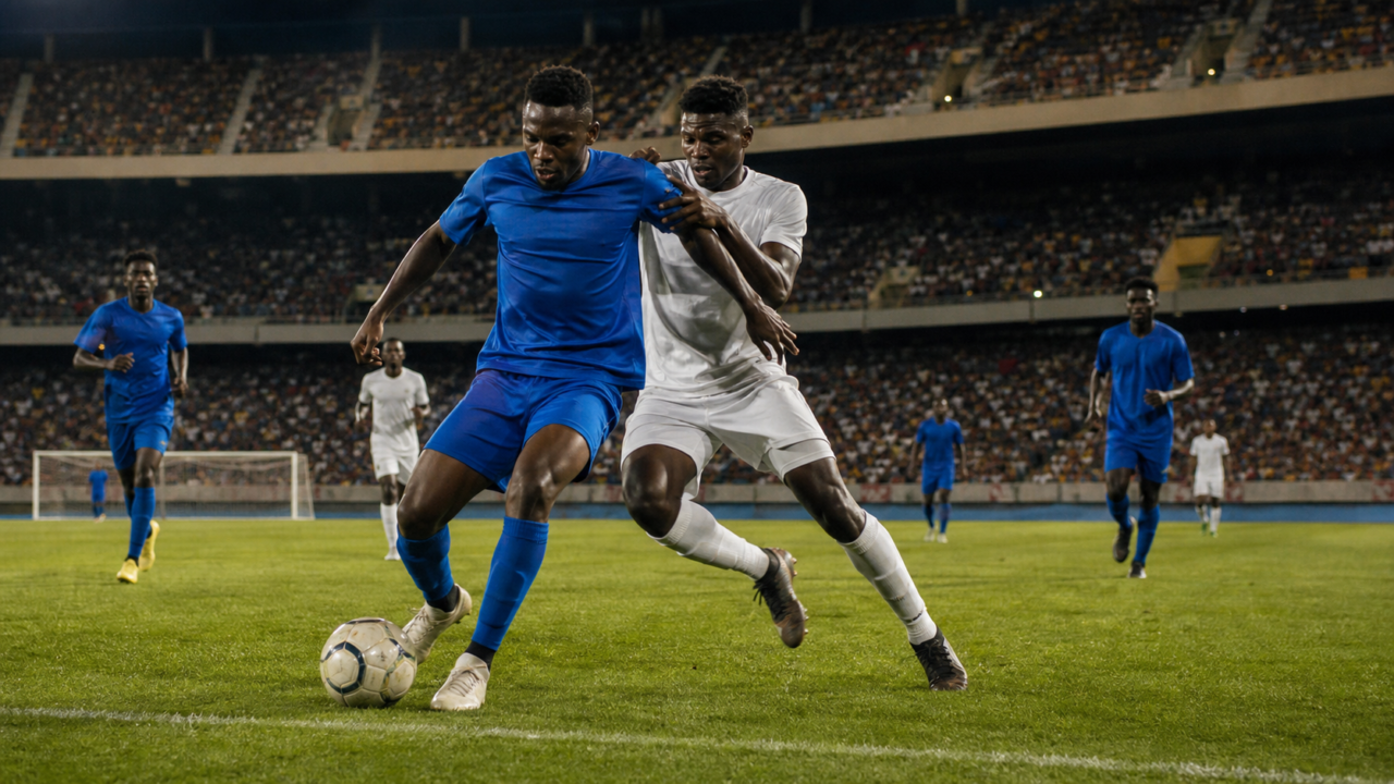 Players contest the ball during a men’s club football match