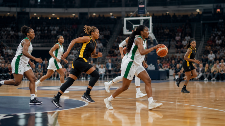 Women compete during an international basketball game in an indoor arena
