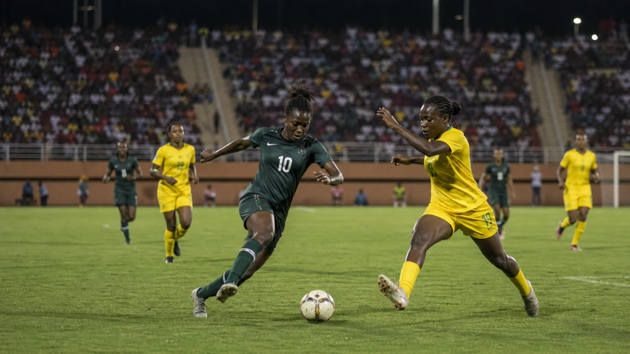Women contest the ball during a football match under stadium lights
