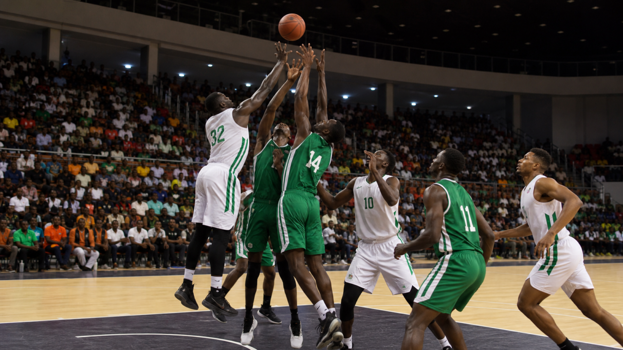 Men contest a rebound during an indoor basketball game